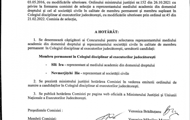 Hotărârea Comisiei de selectare a membrilor în Colegiul disciplinar al executorilor judecătorești