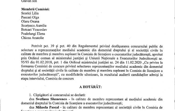 Rezultatele concursului de de selectare a reprezentanților mediului academic din domeniul dreptului ...