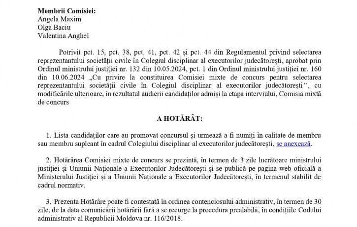 Hotărârea din 19.07.2024 a Comisiei mixte de concurs cu privire la rezultatul concursului privind selectarea ...
